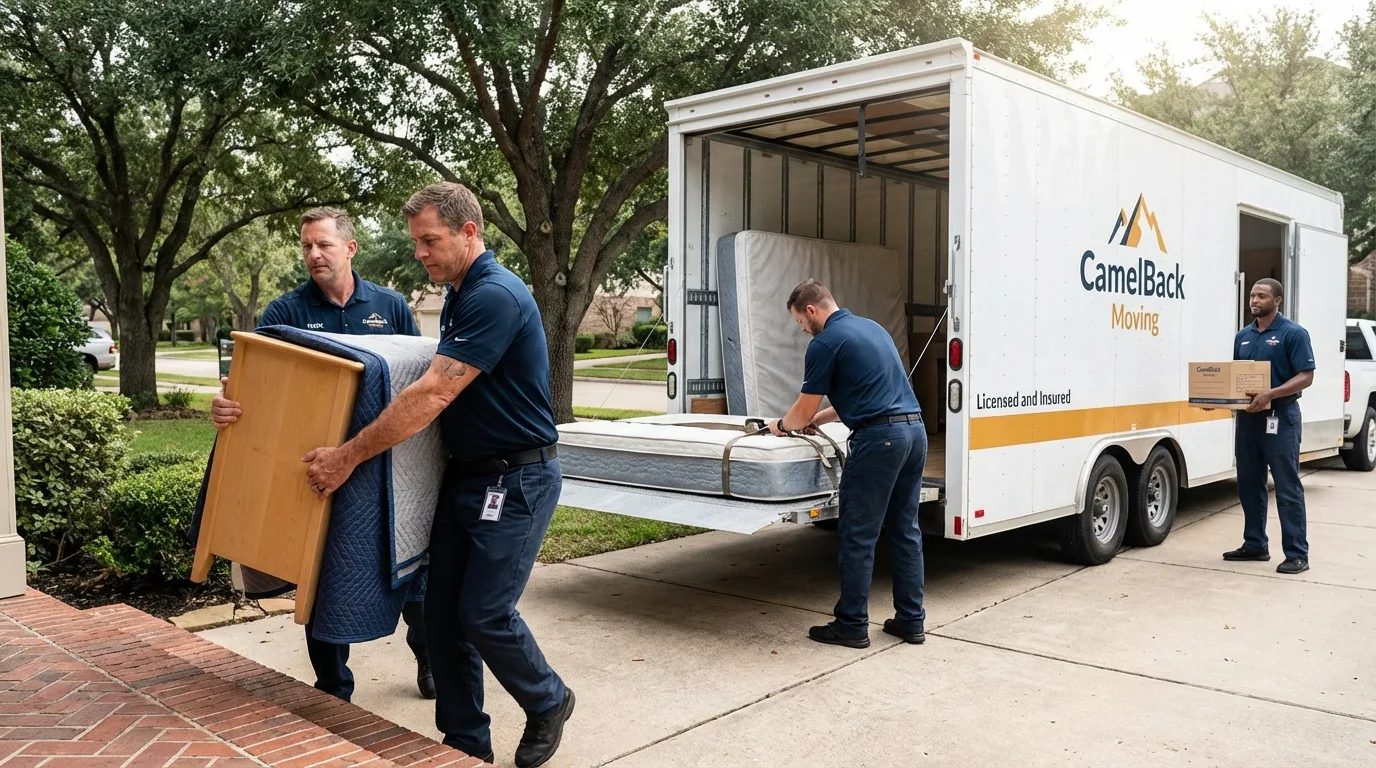 Crew loading residential truck for cross-state move from Kimberling City, MO