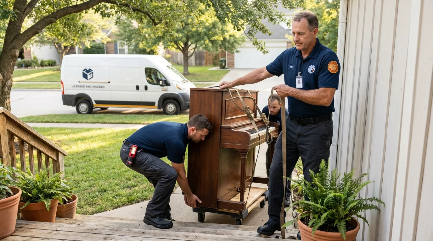Licensed piano movers securing grand piano in Kimberling City, MO