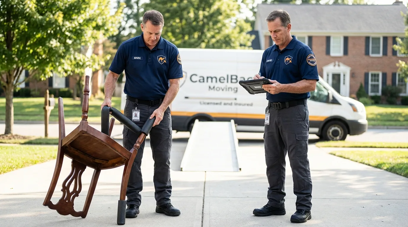 Movers inspecting furniture for damage prevention before loading in Kimberling City, MO