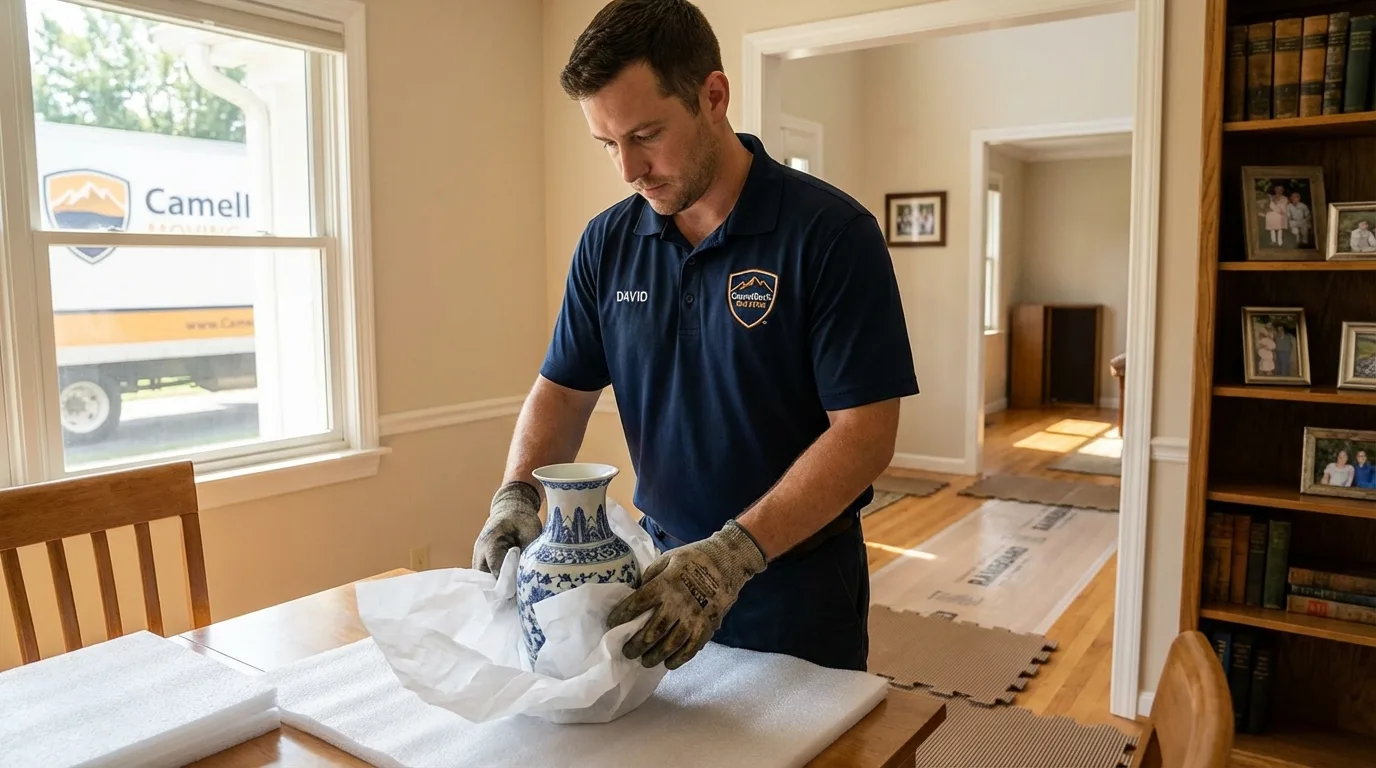 Professional crew carefully wrapping antique vase for senior downsizing move in Kimberling City, MO